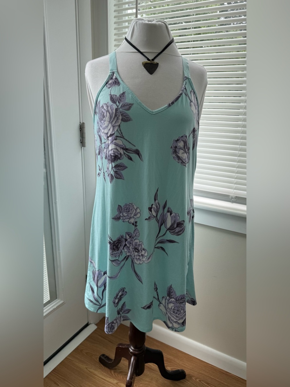 Light Aqua Teal Floral Slip Dress Chemise with Lavender Rose Print